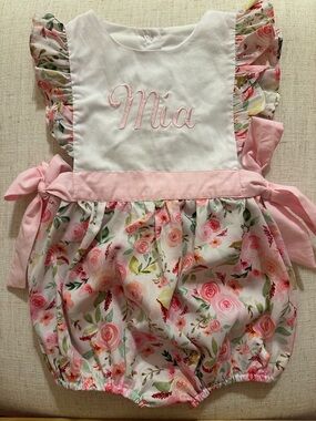 Girls 3T Personalized Pink Floral Baby One-Piece Bubble Romper Monogram Mia